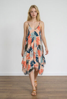 Goa Beachwear By Japna Tropical Leaf Asymmetrical Hem Pom-Pom Trim Sundress